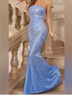 Strapless Blue Sequin Mermaid Evening Dress